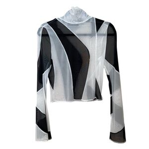 AKIRA Black & White Sheer Wave-Panel Mock Neck Top
